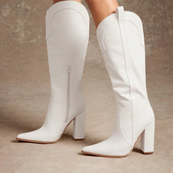 White Casual Women's Block Heel Snip Toe Tall Western Boots - Picture 3 of 7